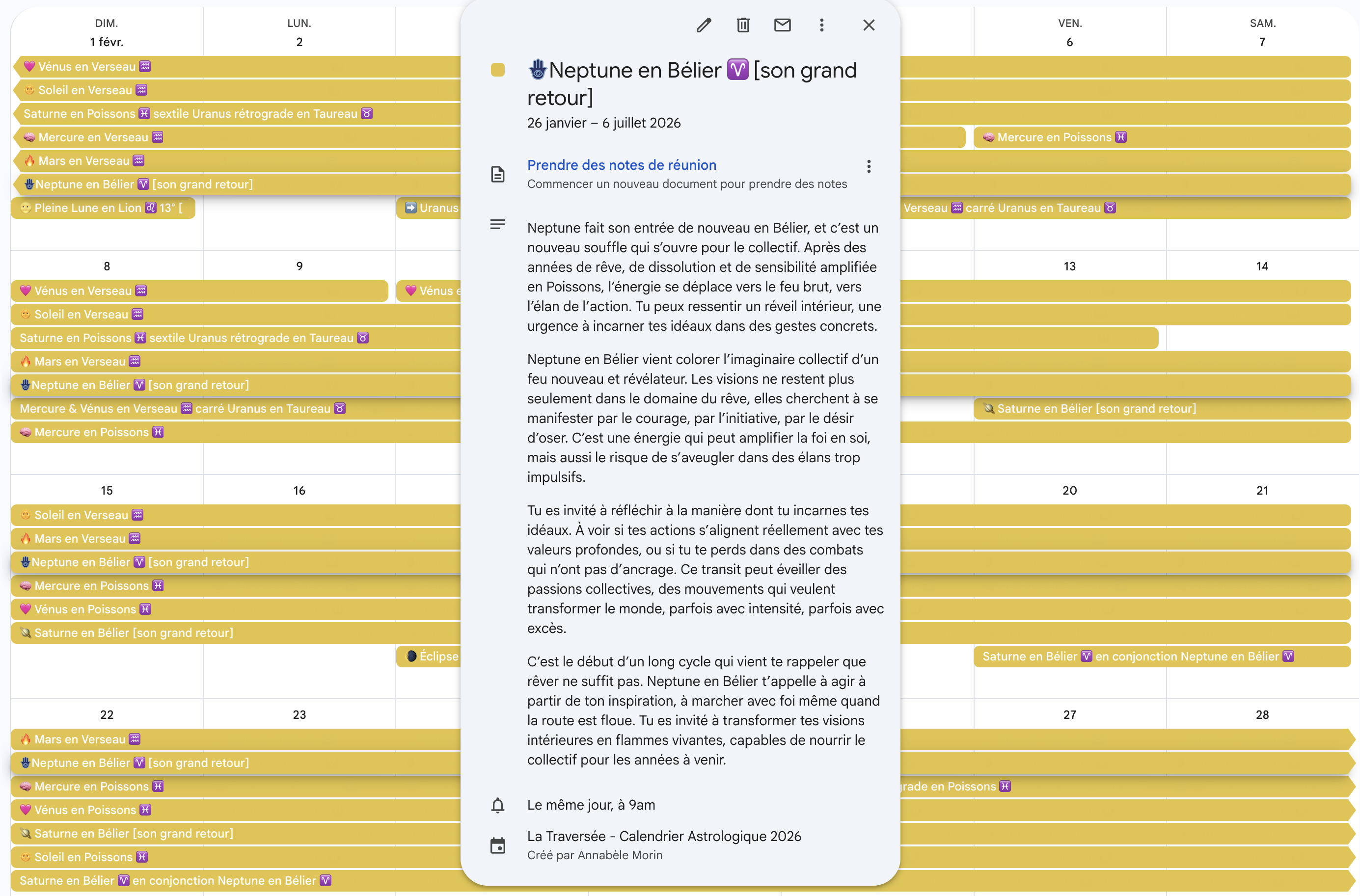 Aperçu du calendrier iCal des activations dans Google Agenda