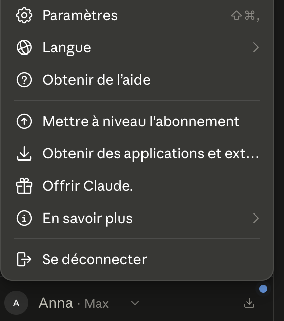 Le menu où choisir Paramètres dans Claude