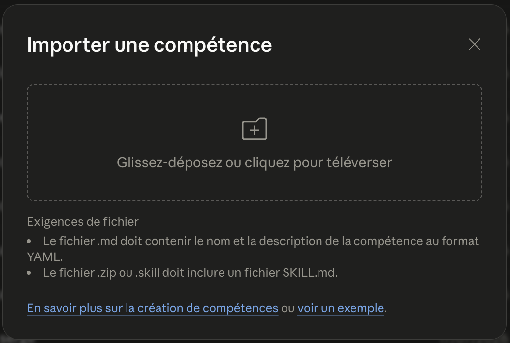 La fenêtre pour glisser ou choisir le fichier de Margot