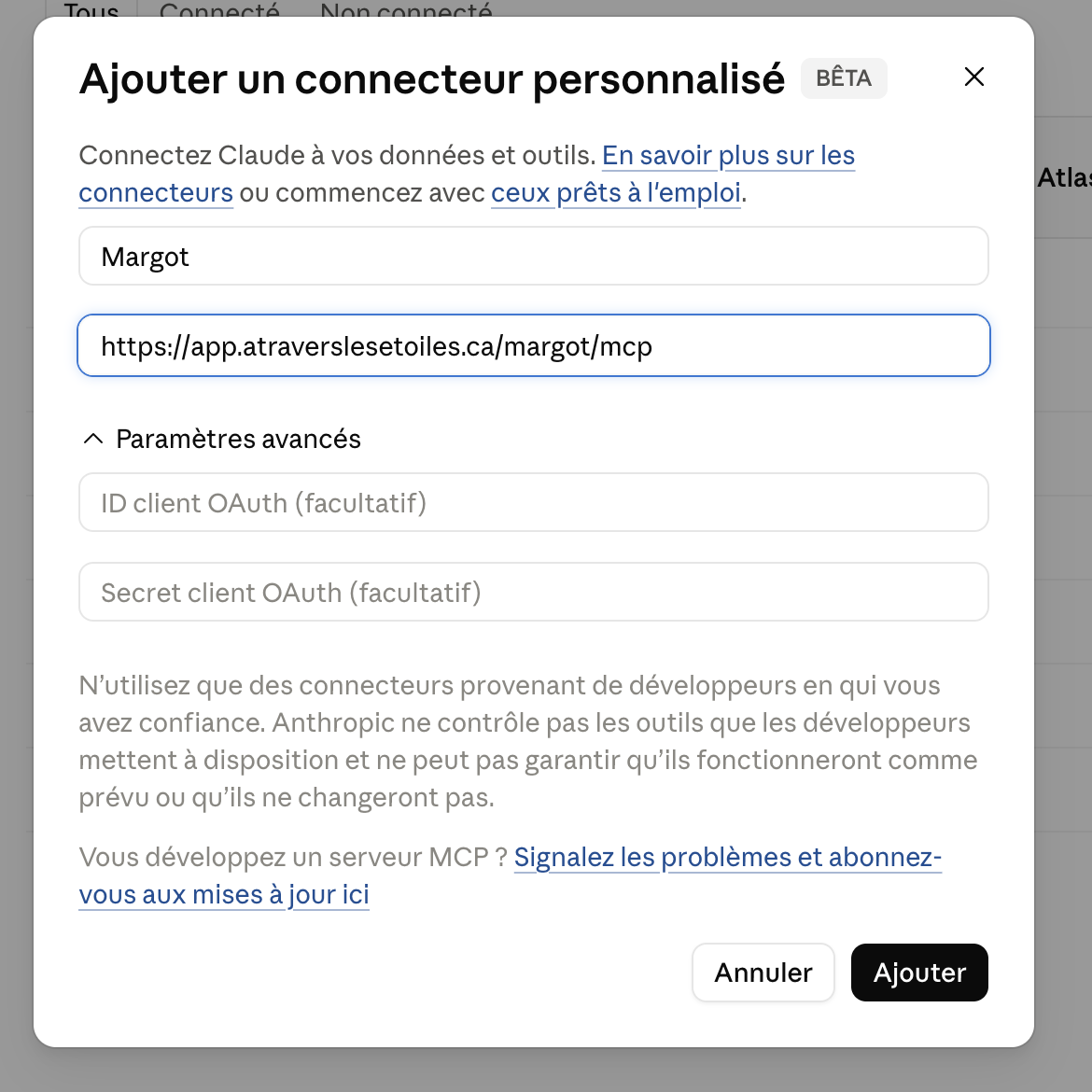 La fenêtre Ajouter un connecteur personnalisé, avec le nom Margot et l'adresse collée