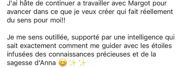Message d'une cliente : elle se sent outillée et soutenue pour créer ce qui fait du sens pour elle.